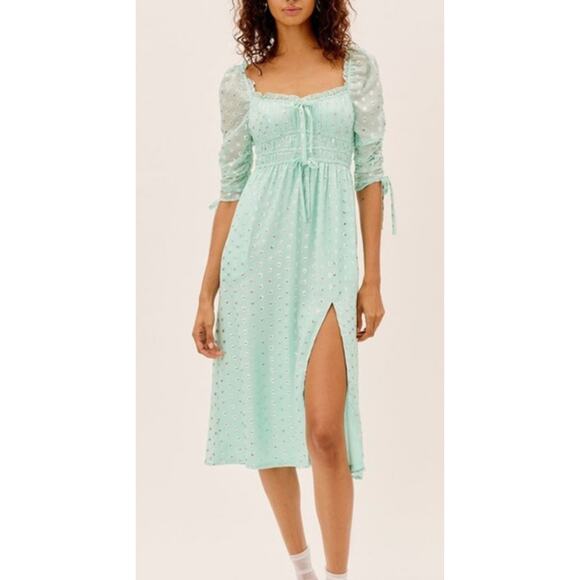 For Love & Lemons Eden Silk Blend Metallic Hearts Womens Mint Midi Dress XS NWT - Picture 1 of 12